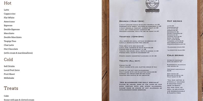 Bloomsburys Art Cafe & Bookshop Menu