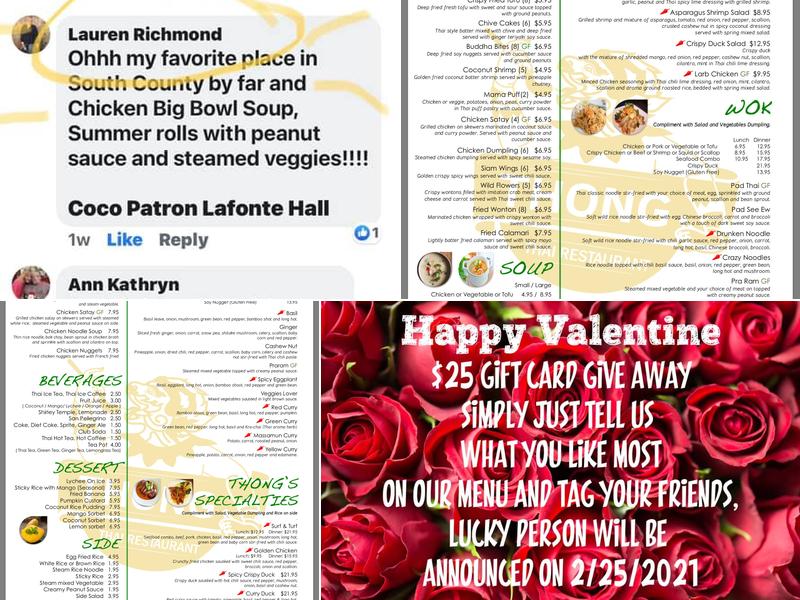 Thong Thai Restaurant Menu