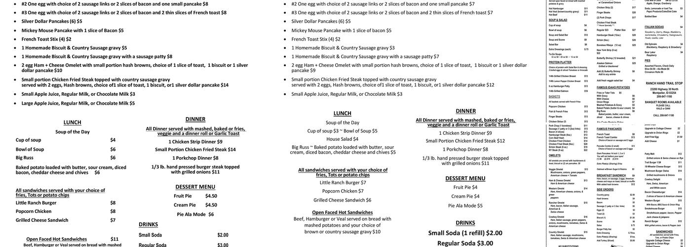 Ranch Hand Trail Stop Menu