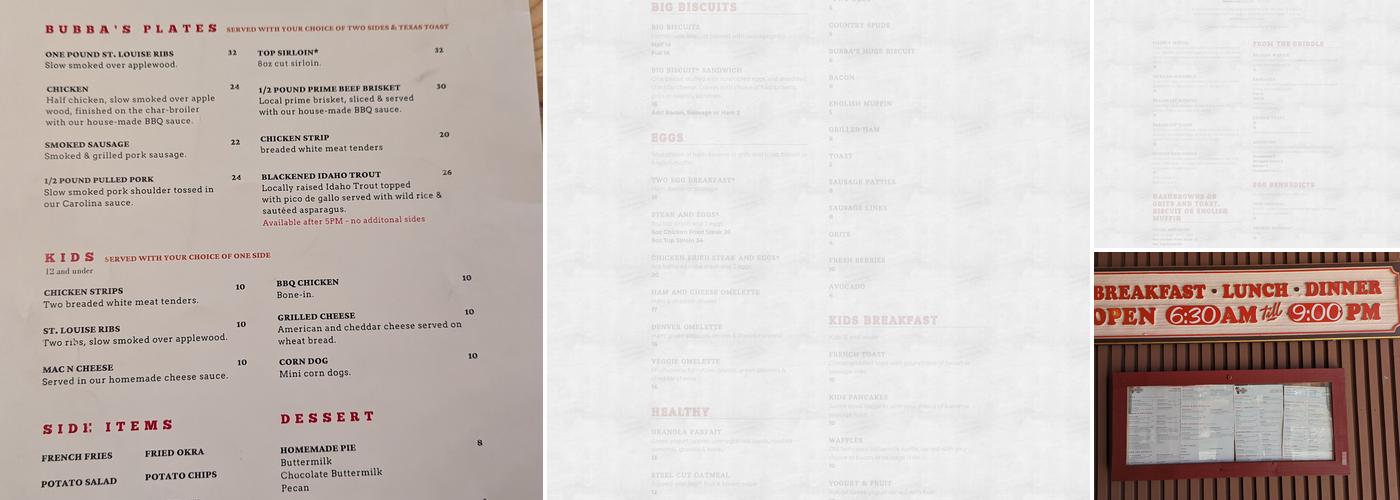 Bubba's Bar-B-Que Restaurant Menu