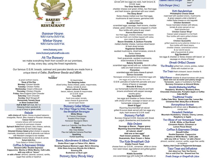 The Bunnery Bakery & Restaurant Menu