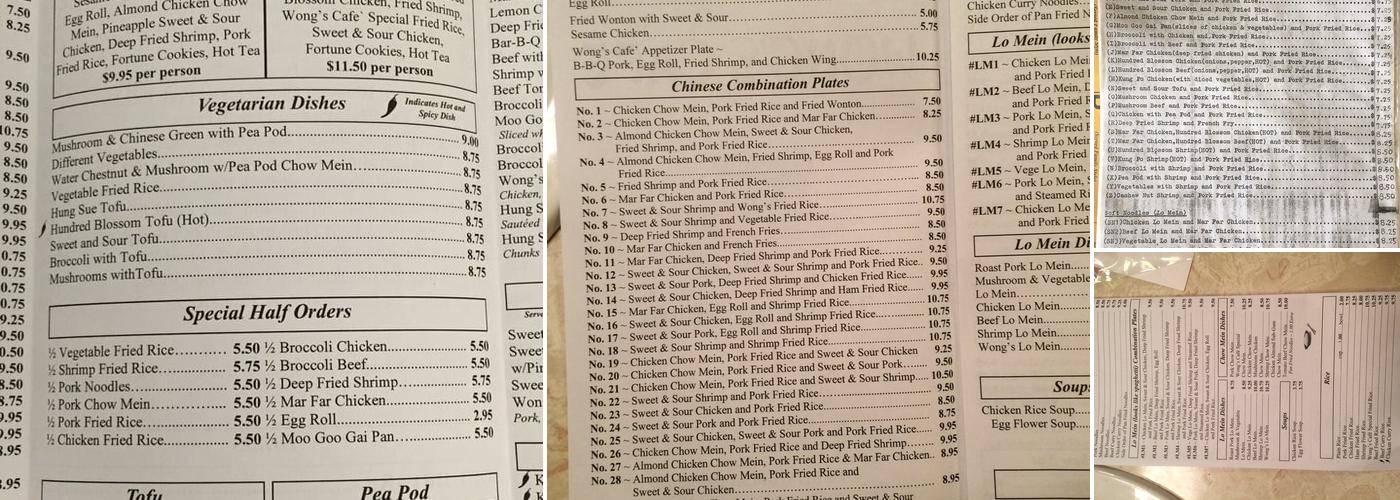 Wong's Cafe Menu