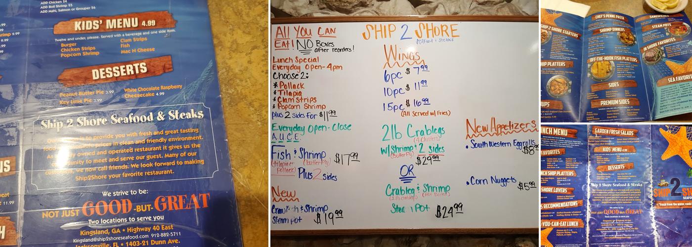 Ship 2 Shore Seafood & Steaks Menu