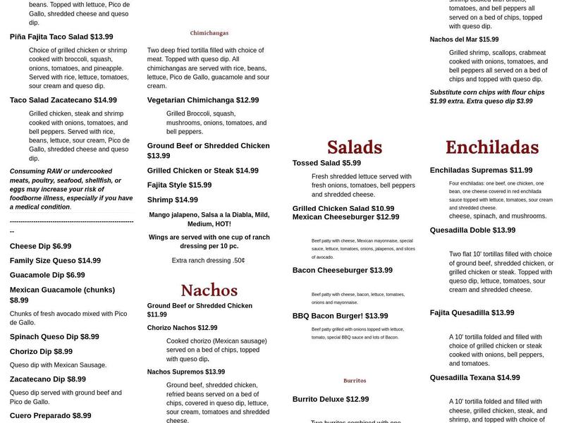 Los Zacatecanos Menu