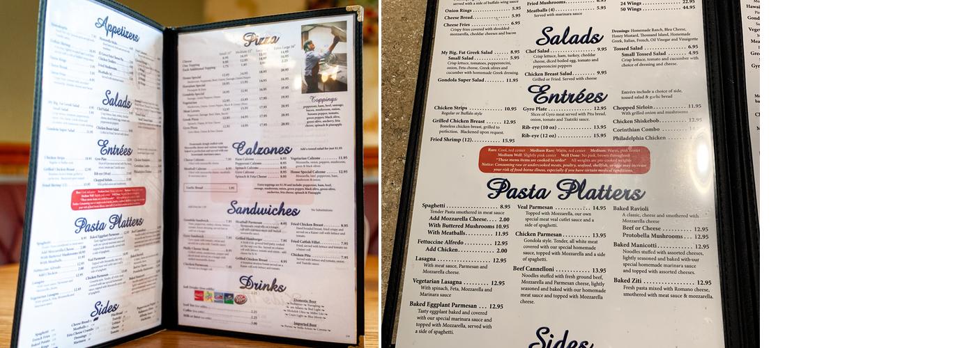 Gondola Pizza House Menu