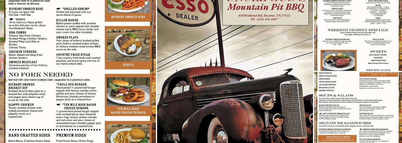 Uncle Gus's Mountain Pit Bar B Que Menu