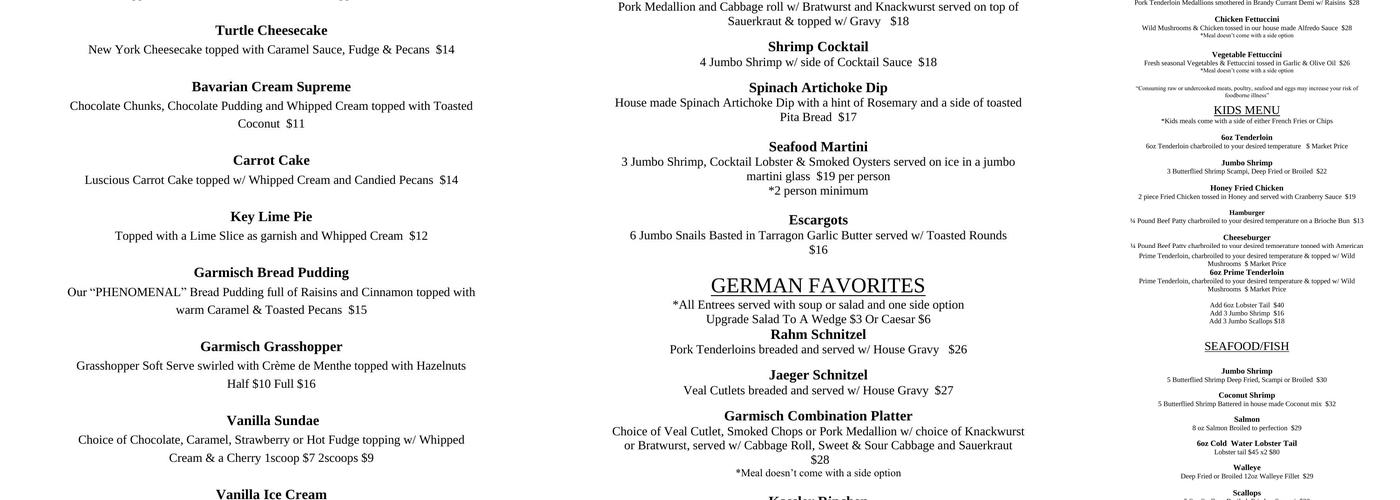 Garmisch USA Resort Menu