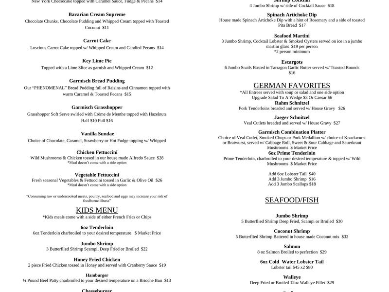 Garmisch USA Resort Menu