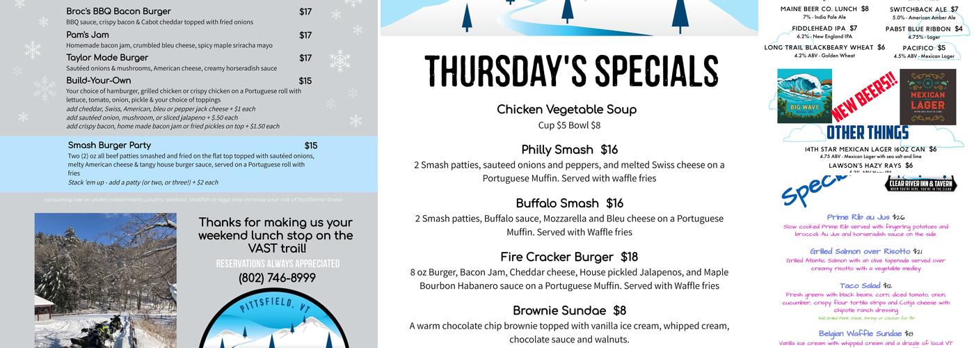 Clear River Tavern Menu