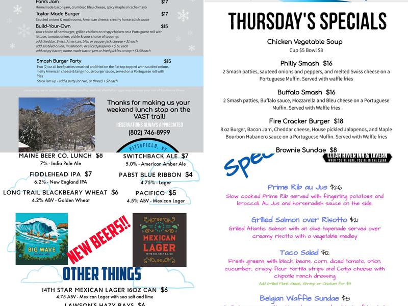 Clear River Tavern Menu