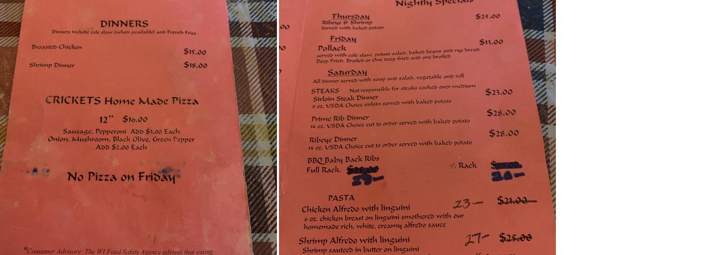 Crickets Pub & Cafe Menu