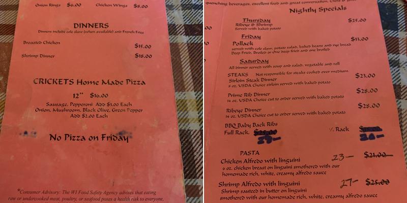 Crickets Pub & Cafe Menu