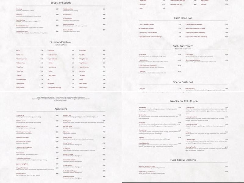 Hako Sushi Menu