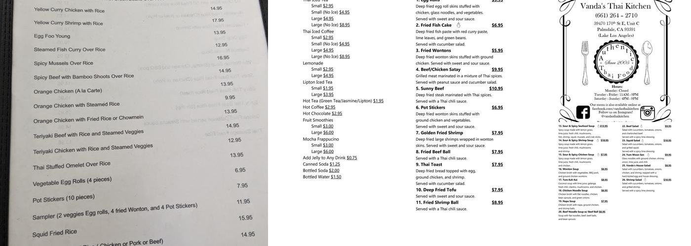 Vanda's Thai Kitchen Menu
