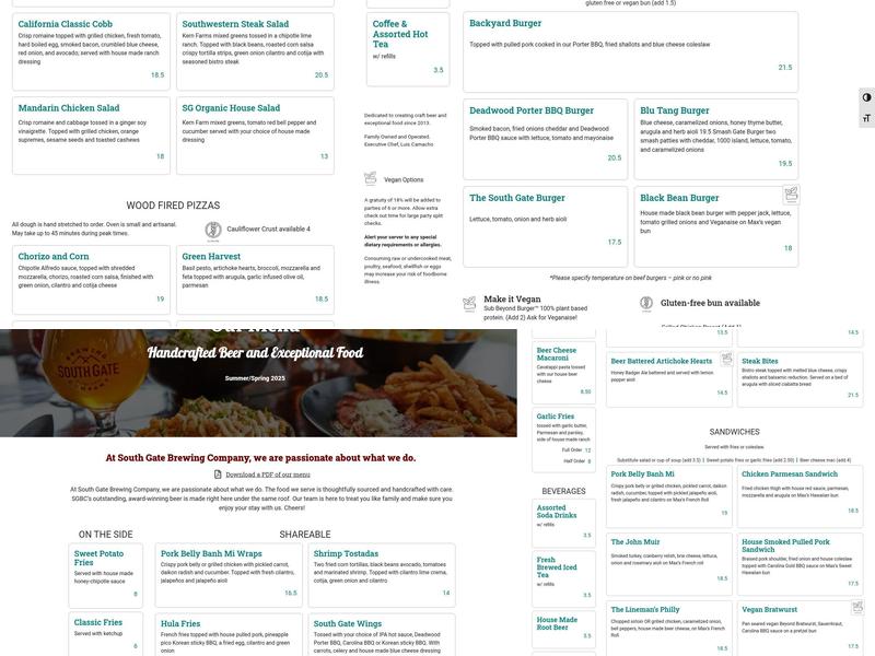 South Gate Brewing Company Menu