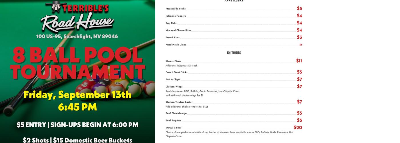 Terrible's Roadhouse Menu