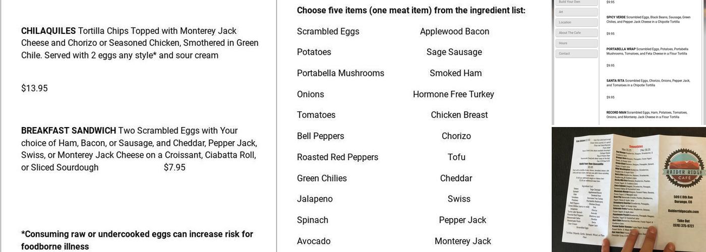 Raider Ridge Cafe Menu
