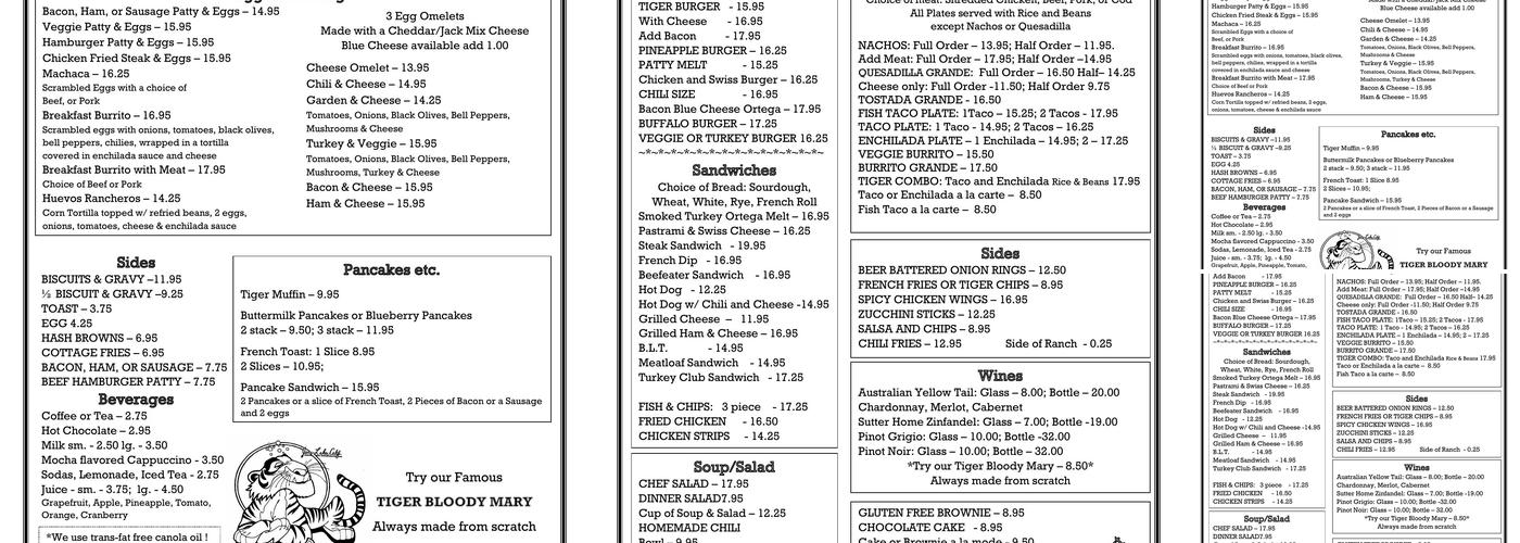 Tiger Bar & Café Menu