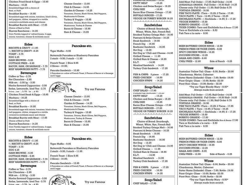 Tiger Bar & Café Menu
