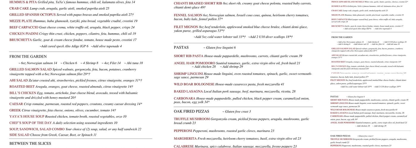 YaYas Euro Bistro in Denver Menu