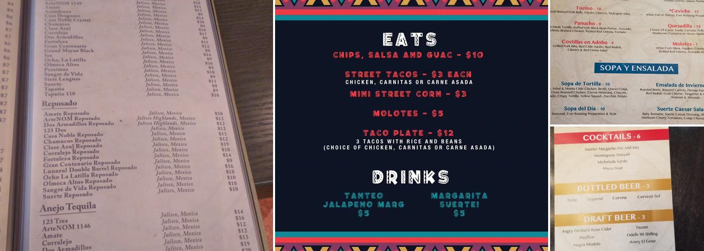 Que Bueno Suerte! Menu