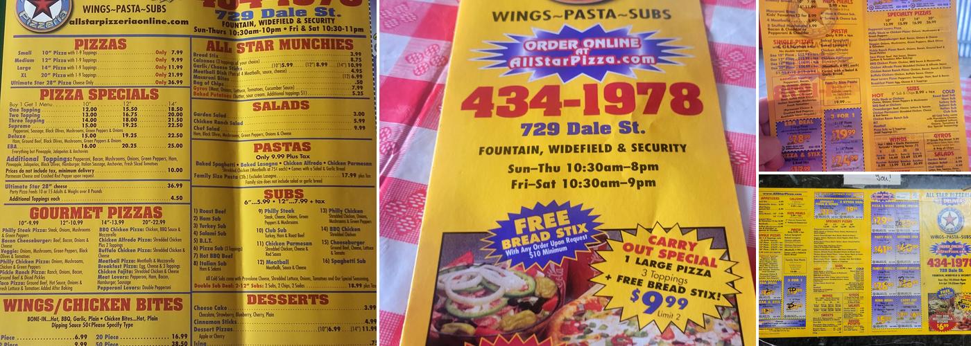 All Star Pizzeria Menu