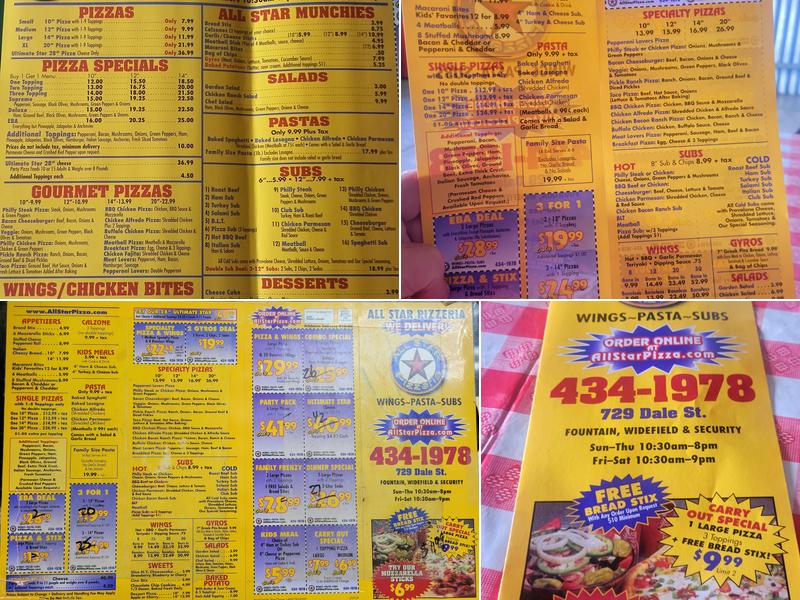 All Star Pizzeria Menu