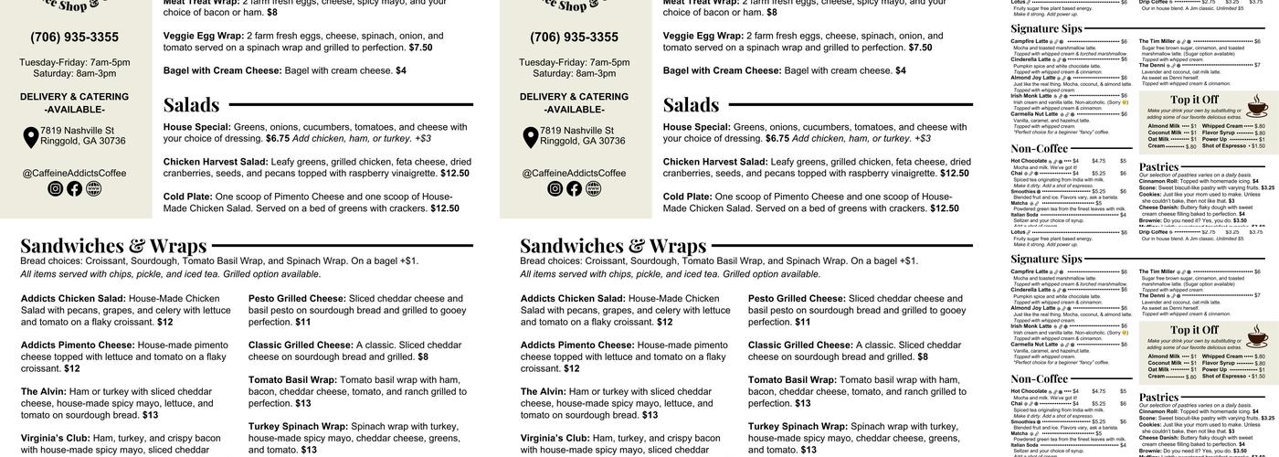 Caffeine Addicts Coffee Shop & Cafe Menu