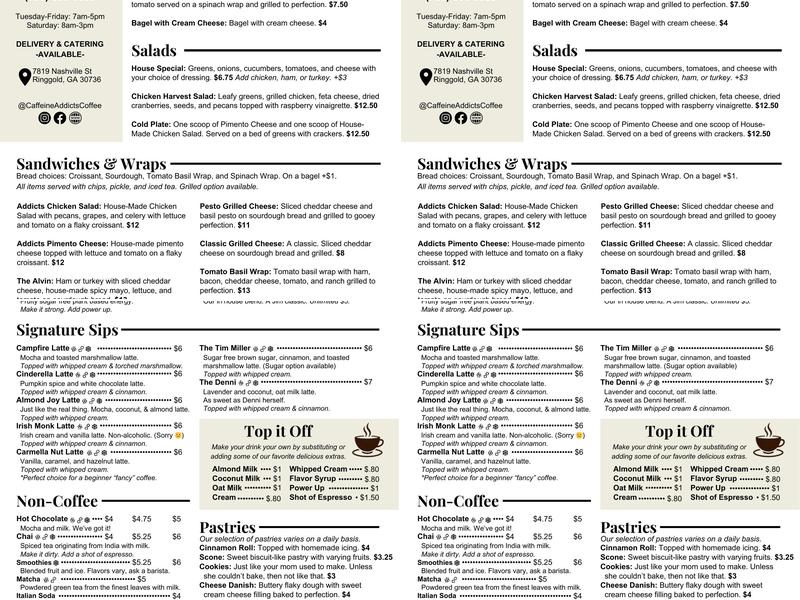 Caffeine Addicts Coffee Shop & Cafe Menu