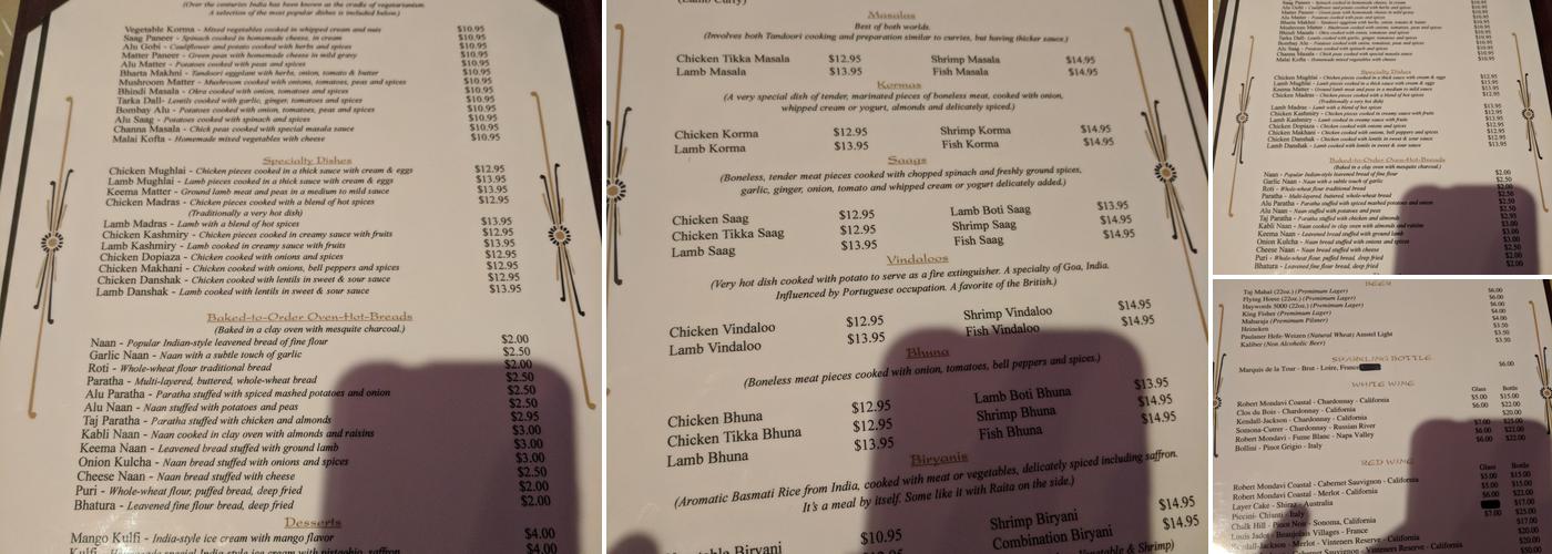 Taj Mahal 3 Restaurant & Bar Menu