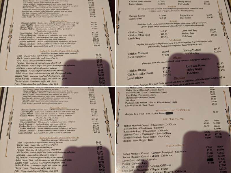 Taj Mahal 3 Restaurant & Bar Menu