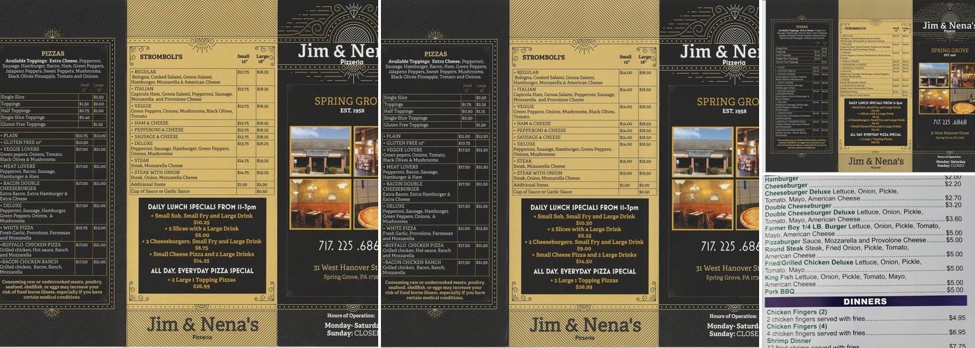 Jim & Nena's Pizzeria Menu