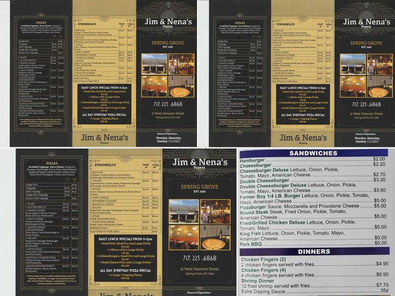 Jim & Nena's Pizzeria Menu