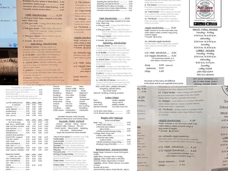 Hot Java Express Menu