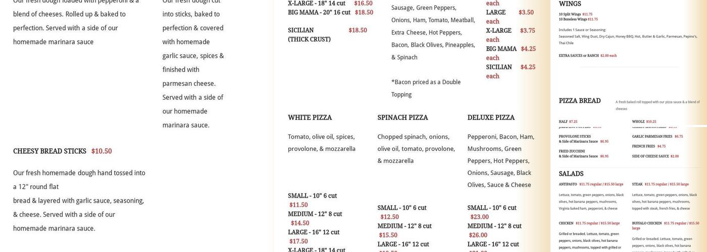 Mama Pepino's Pizza Menu