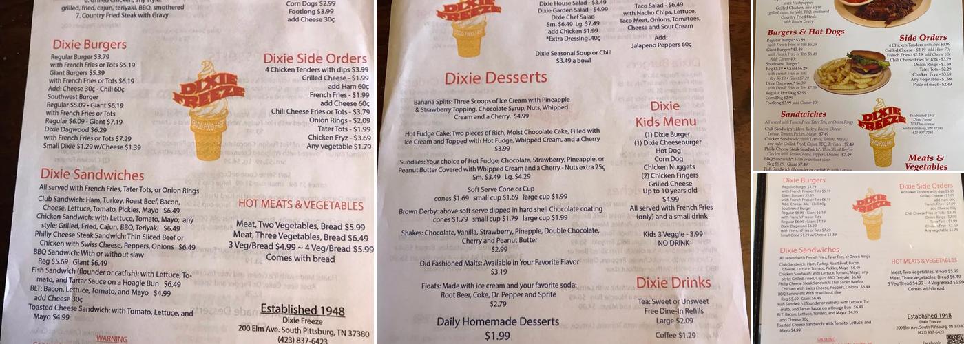 Dixie Freeze Menu