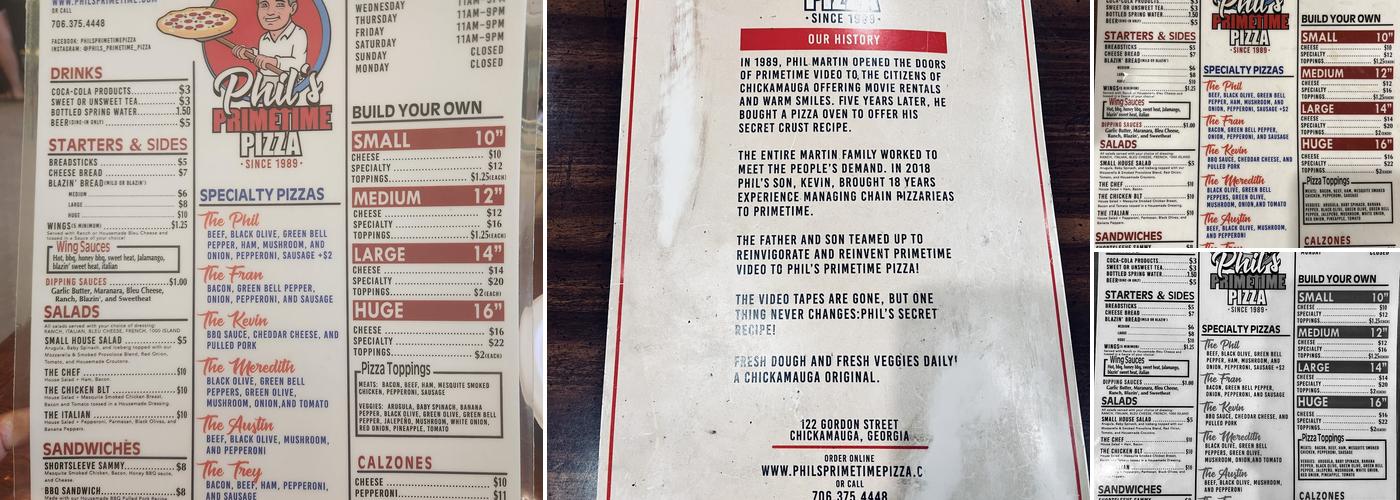 Phil’s Primetime Pizza Menu