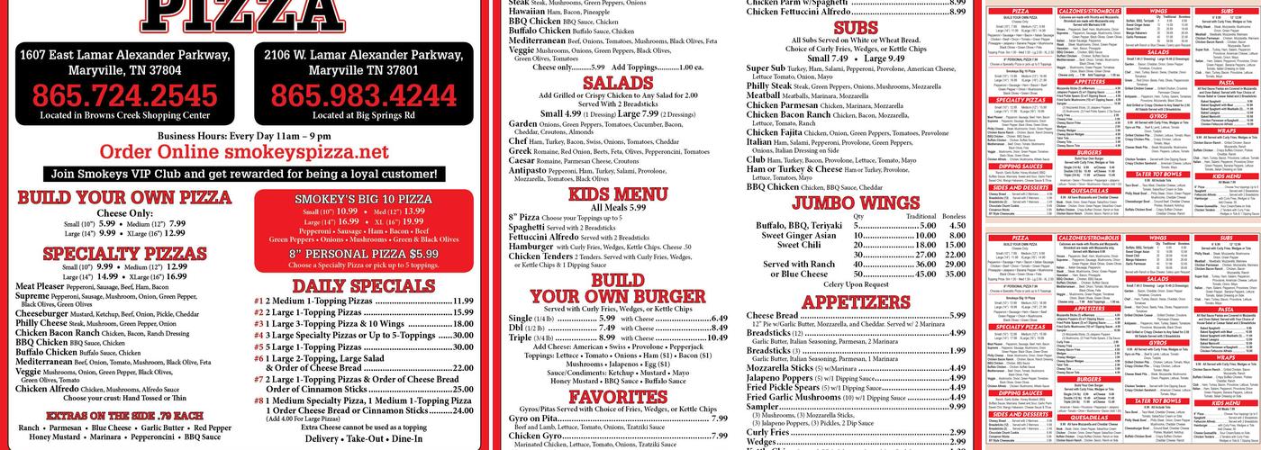 Smokeys Pizza Menu