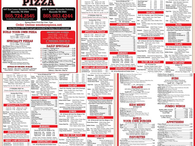 Smokeys Pizza Menu