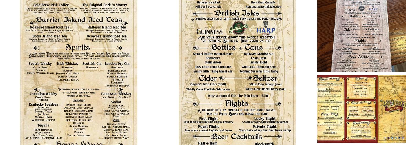 Lost Colony Tavern Menu