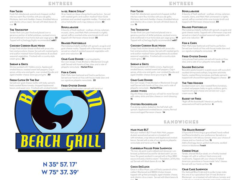 Blue Moon Beach Grill Menu