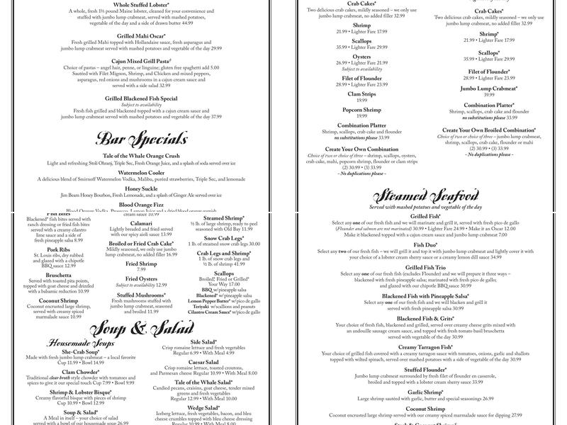 Tale of the Whale Menu