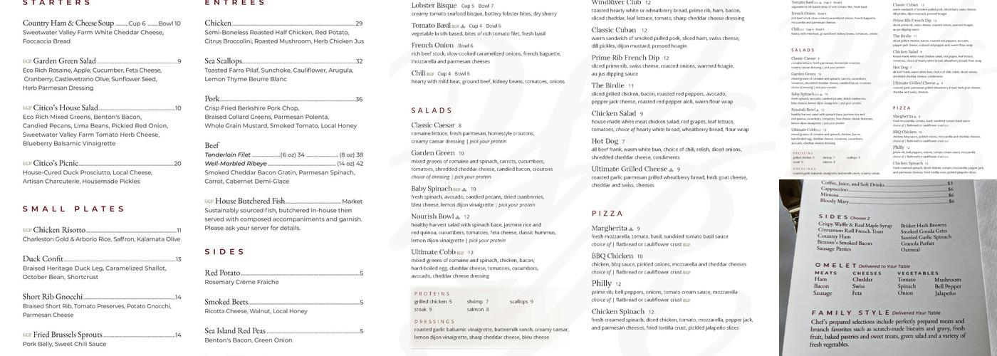 Citico’s Restaurant At WindRiver Menu