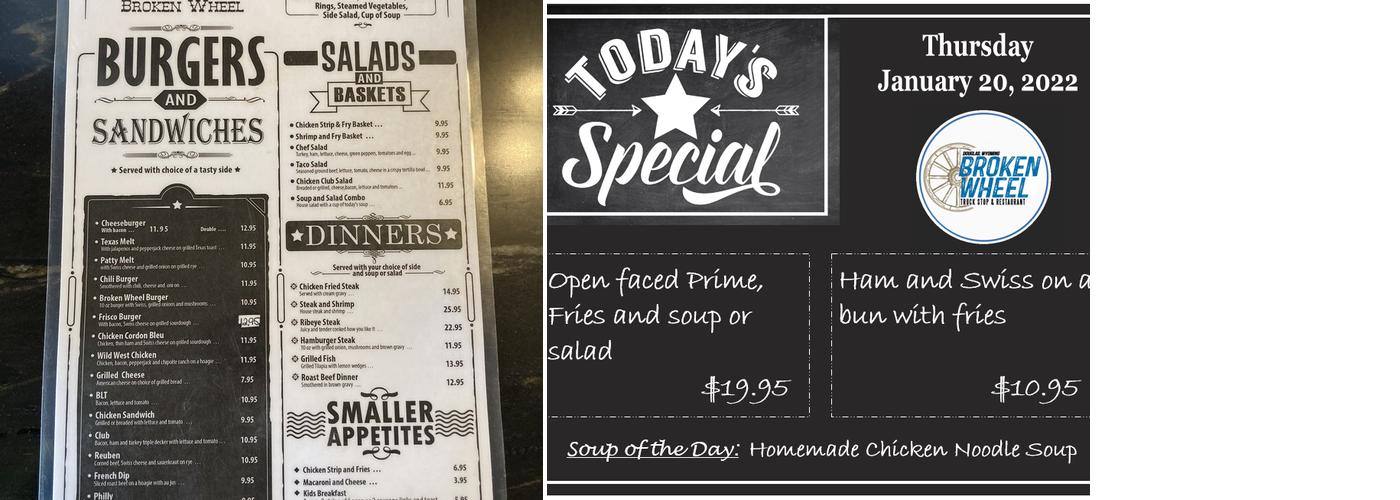 Broken wheel truck stop and cafe Menu