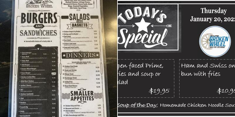 Broken wheel truck stop and cafe Menu