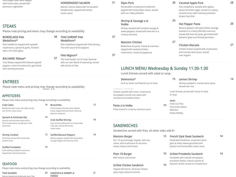 Hart Mansion Restaurant Menu