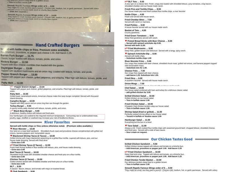 Smooth Rapids Outfitters Menu