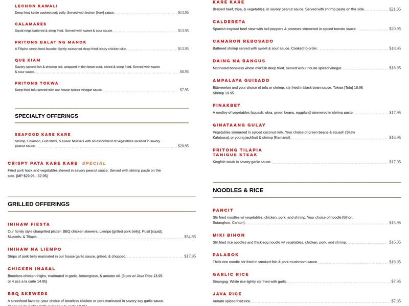 Hong Ning Filipino Restaurant & Grill Menu