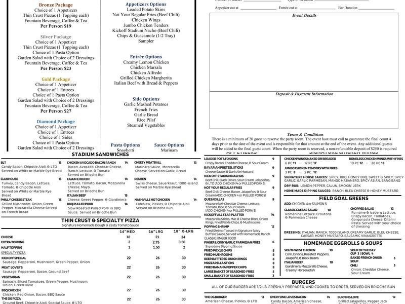 Kick Off Pizza & Sports Bar Menu