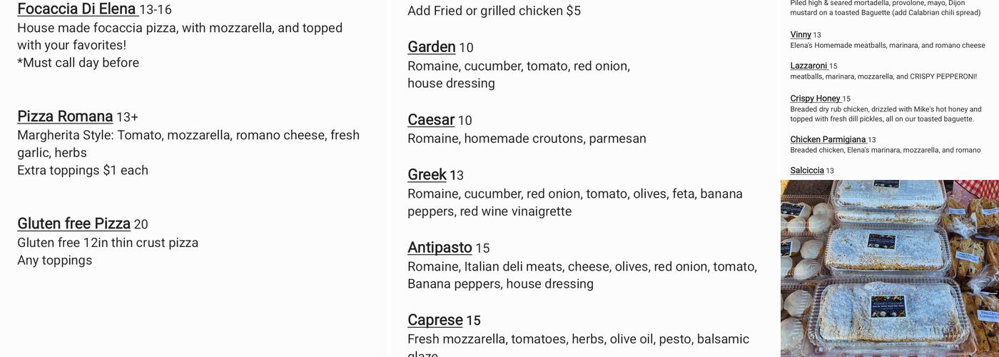 Elena's Cucina Menu